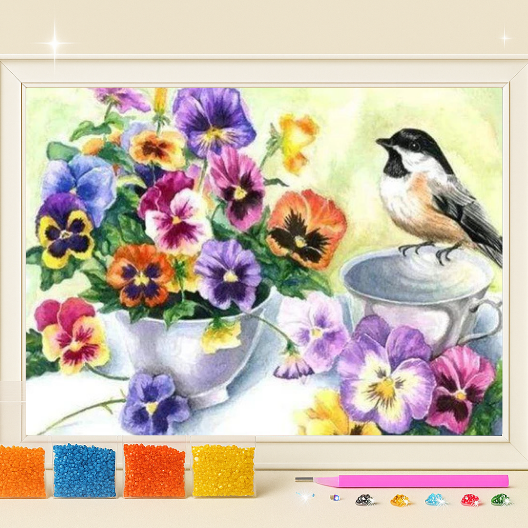 الزهور والعصفور · طقم رسم بالماس